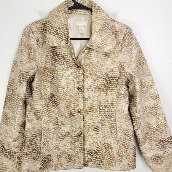 Chicos Jacket Womens S 0 Metallic Silk Exotic Geometric Print Full Button Gold - Picture 1 of 9